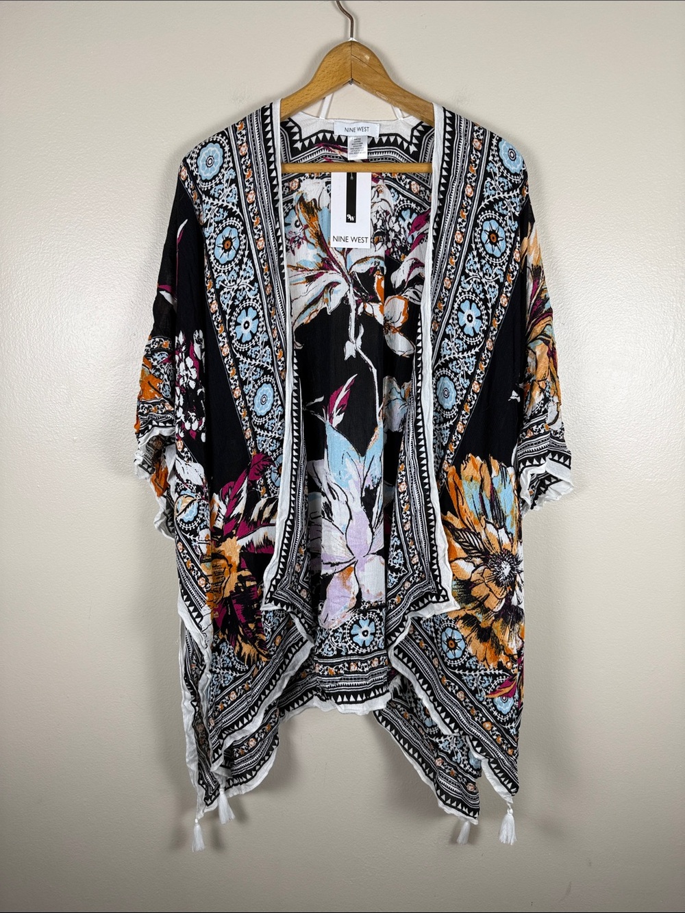 Nine West Black Floral Border Tassel Kimono. OS